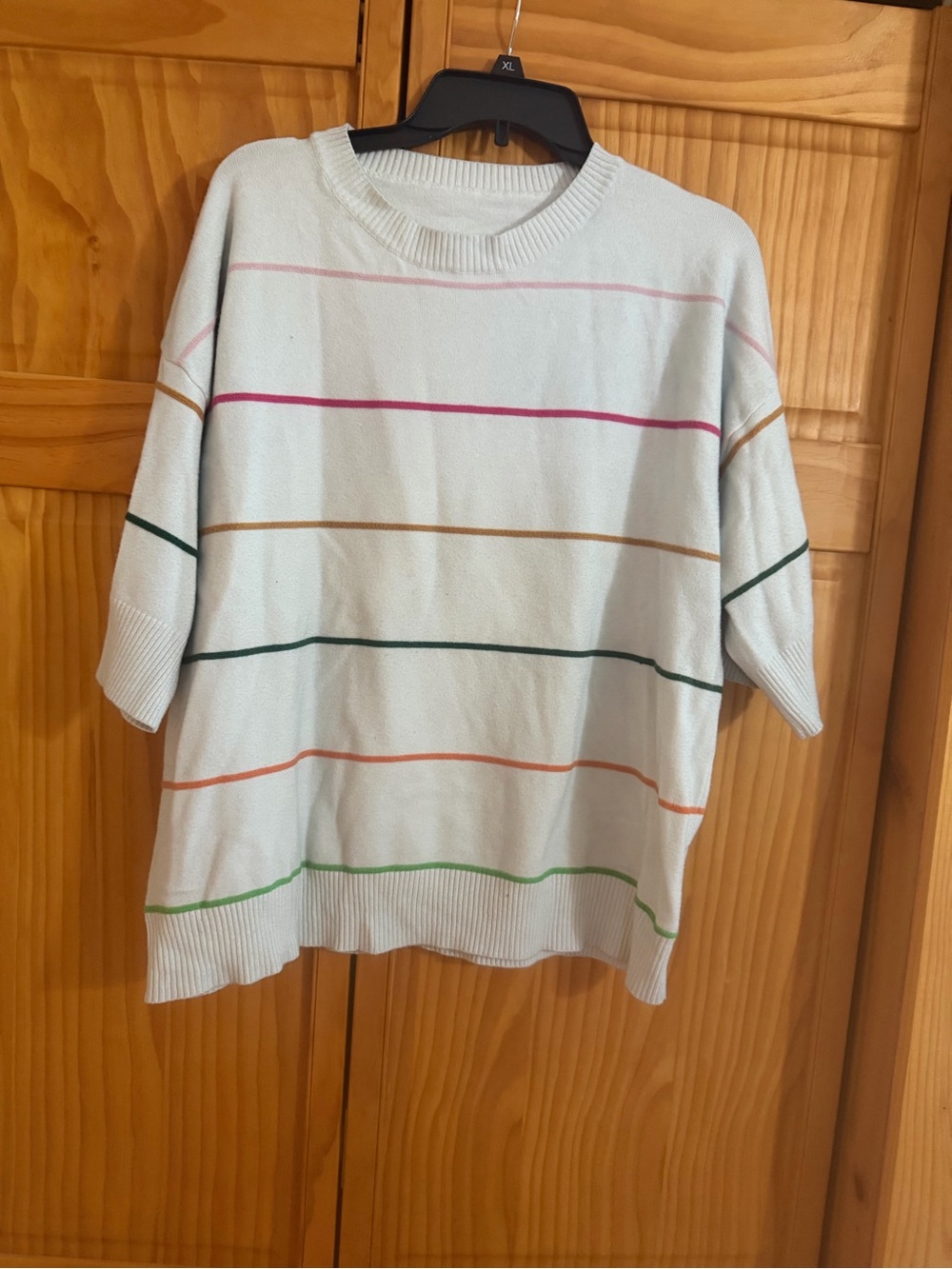 White Short-Sleeve Sweater with Multicolor Stripes
